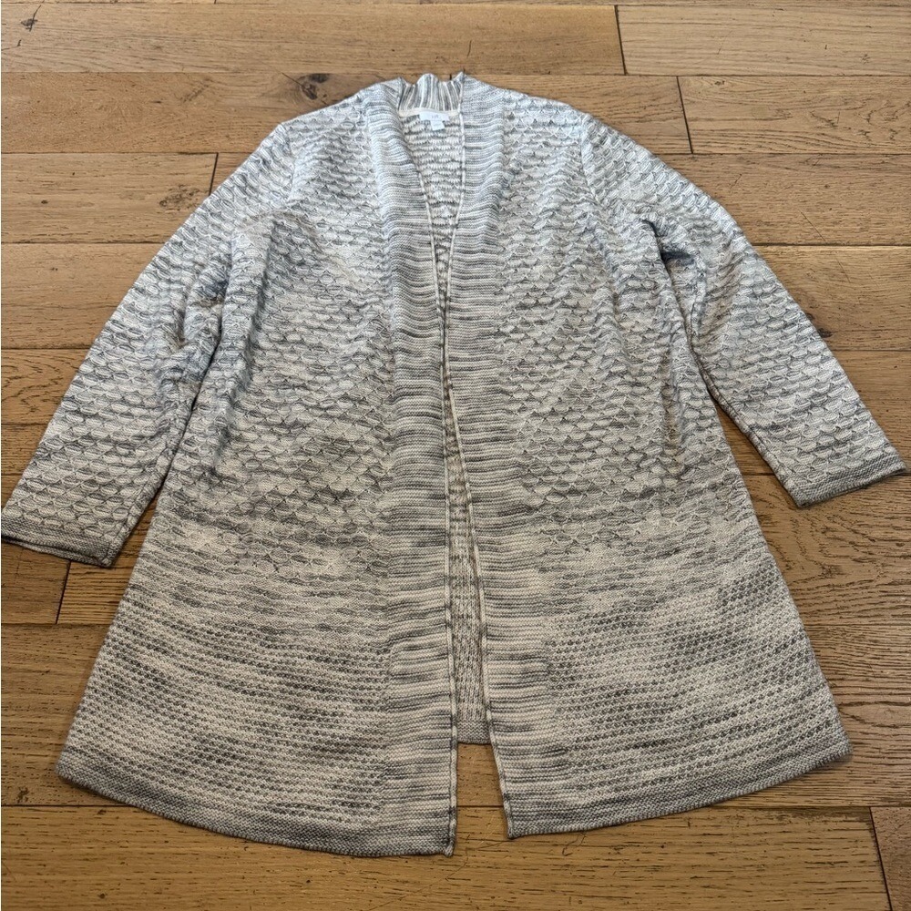 J. Jill Grey White Textured Honeycomb Open Front Cardigan Sweater Large (1353)